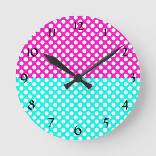 White, Pink and Blue Polka Dot Round Clock