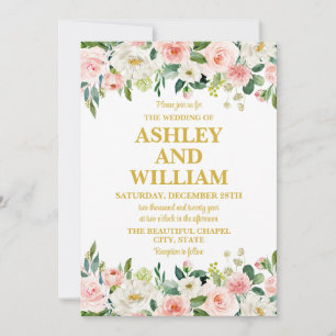 White Pink and Gold Boho Bohemian Greenery Wedding Invitation