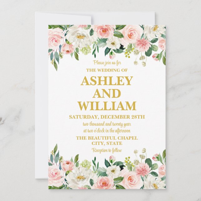 White Pink and Gold Boho Bohemian Greenery Wedding Invitation (Front)