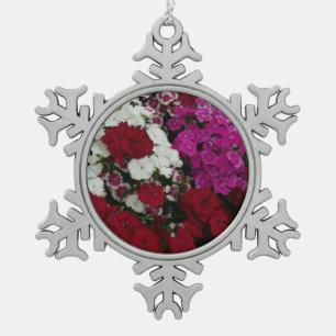 White, Pink and Red Dianthus Floral Snowflake Pewter Christmas Ornament