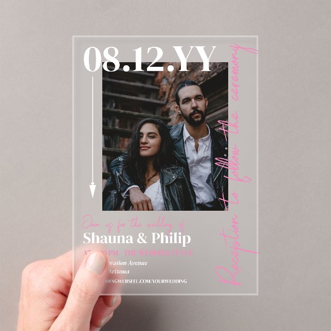White Pink Arrow Typography Photo Wedding Acrylic Invitations (Insitu (Handheld))