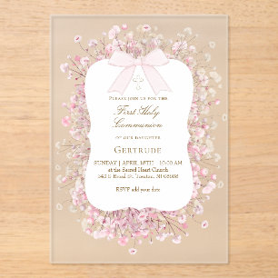 white pink baby's breath flowers First Communion Acrylic Invitations