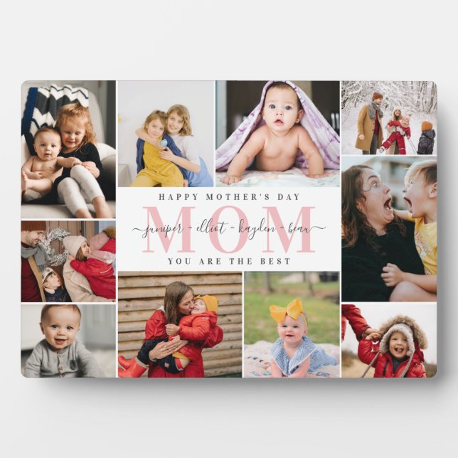 White Pink Best Mom Mother's Day Photo Collage Plaque (Front)
