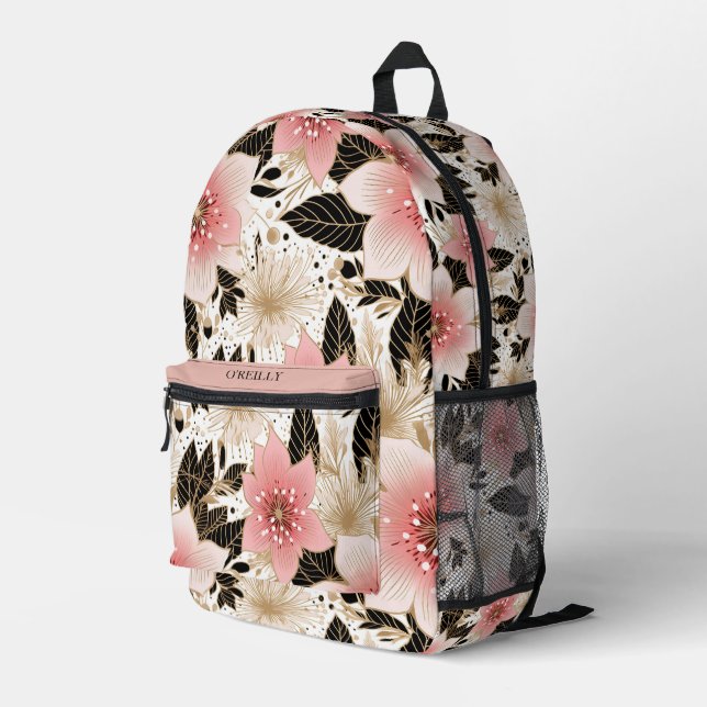 White Pink Black Flower Pattern Modern Monogram Printed Backpack (Back Corner Right)