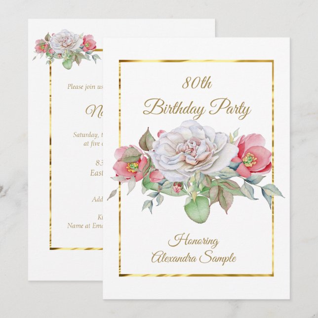 White Pink Bouquet Flowers Gold Birthday Party Invitation (Front/Back)