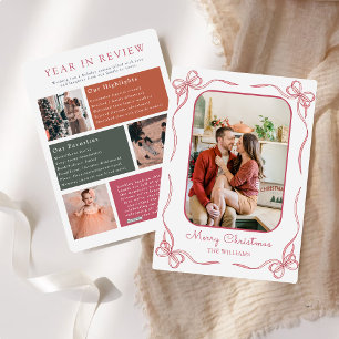 White Pink Bow Modern Year In Review Family Photo Holiday Card