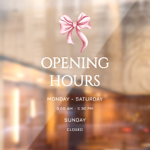 White Pink Bow Opening Hours Small Business Window Cling