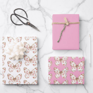 White Pink Butterfly Hearts Birthday Wrapping Paper Sheet