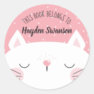 White & Pink Cat This Book Belongs To Classic Round Sticker