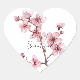 White Pink Cherry Blossom Floral  Heart Sticker