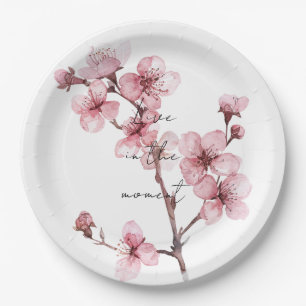 White Pink Cherry Blossom Floral  Paper Plate