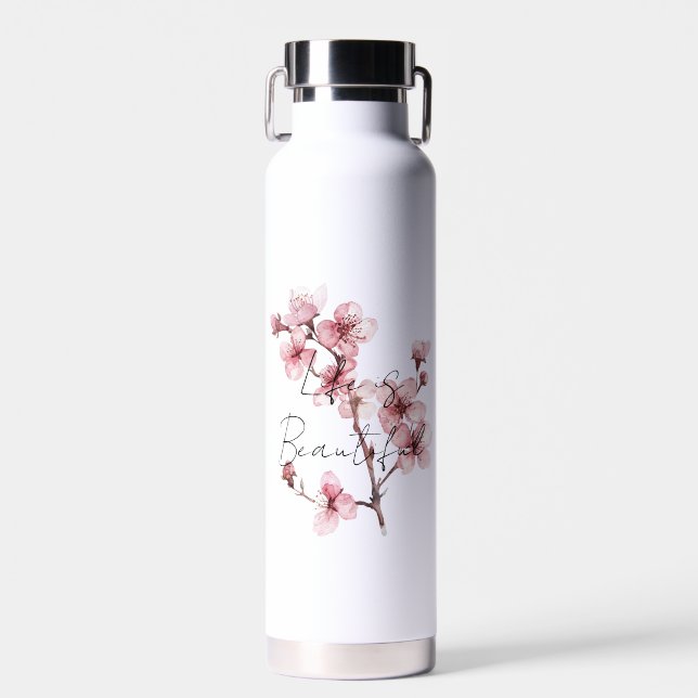 White Pink Cherry Blossom Floral  Water Bottle (Front)