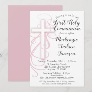 White Pink Cross First Holy Communion Invitation
