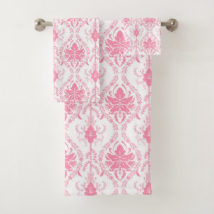 white pink damask pattern  bath towel set