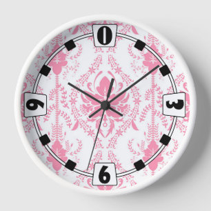 white pink damask pattern clock