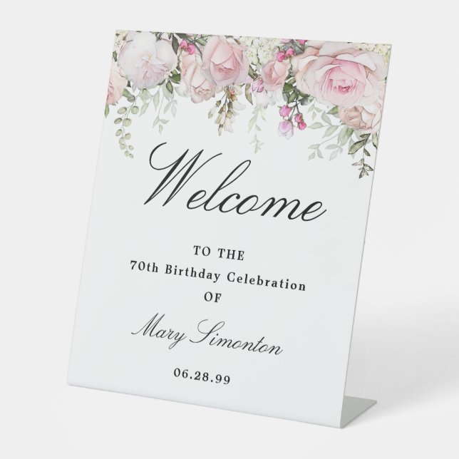White Pink Floral 70th Birthday Welcome Pedestal Sign (Front)