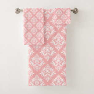 White & Pink Floral Damasks Pattern Bath Towel Set