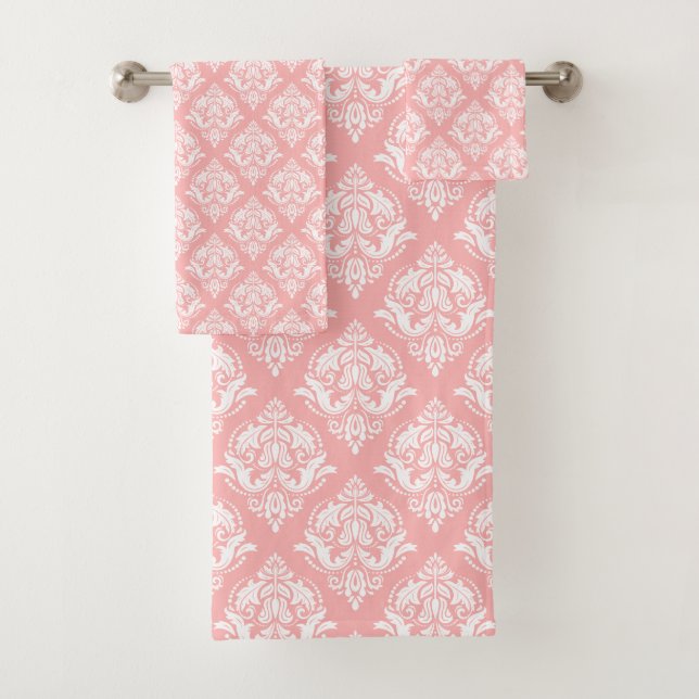 White & Pink Floral Damasks Pattern Bath Towel Set (Insitu)