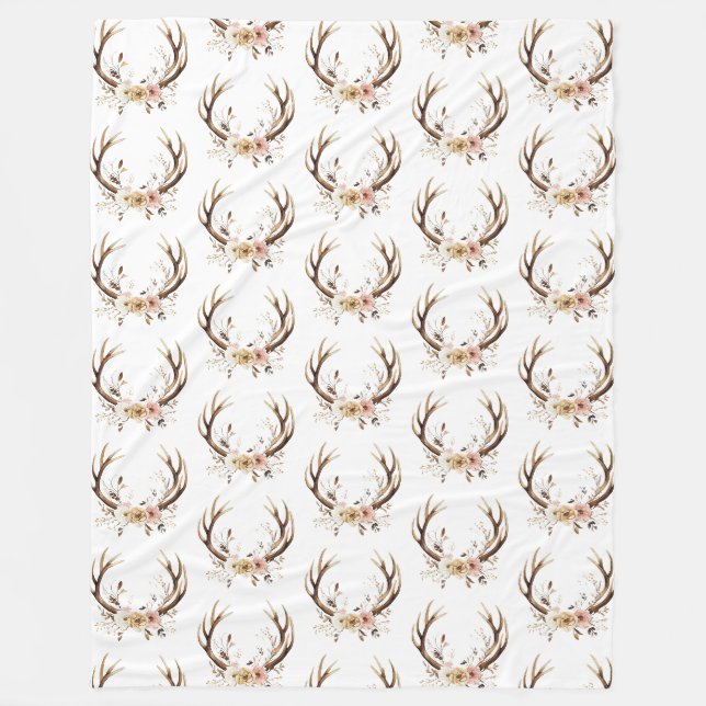 White Pink Floral Deer Antlers Fleece Blanket (Front)