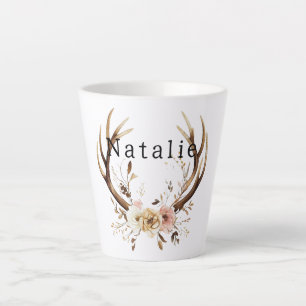 White Pink Floral Deer Antlers Personalized Latte Mug