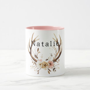 White Pink Floral Deer Antlers Personalized Mug