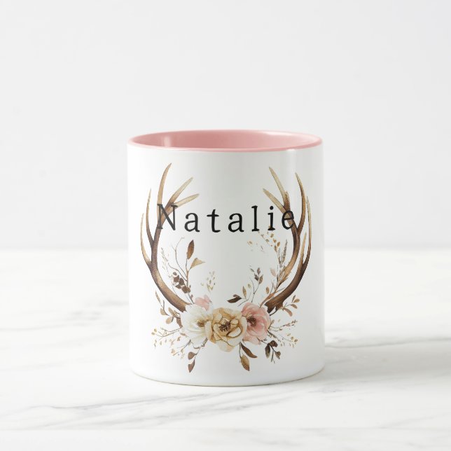 White Pink Floral Deer Antlers Personalized Mug (Center)