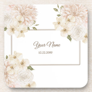White Pink Floral Frame Modern Wedding Party Coaster