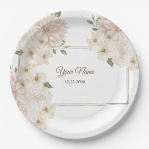 White Pink Floral Frame Modern Wedding Party Paper Plate