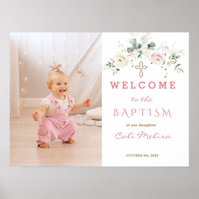 White Pink Floral Girl Photo Baptism Welcome Sign (Front)