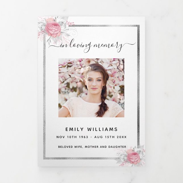 White pink floral photo tri-fold funeral program (Cover)