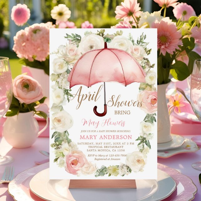 White Pink floral Umbrella April Showers  Invitation (Creator Uploaded)