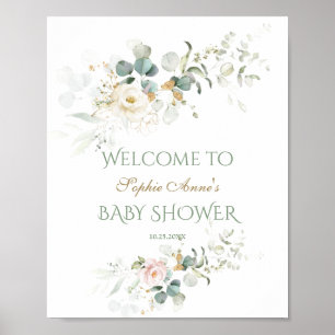 White Pink Flowers Baby Shower Welcome Sign