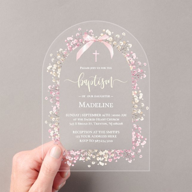 white pink flowers Baptism Acrylic Invitations (Insitu (Handheld))