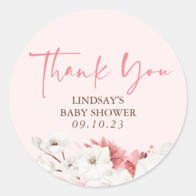 White Pink Flowers Boho Elegant Thank You Classic Round Sticker (Front)