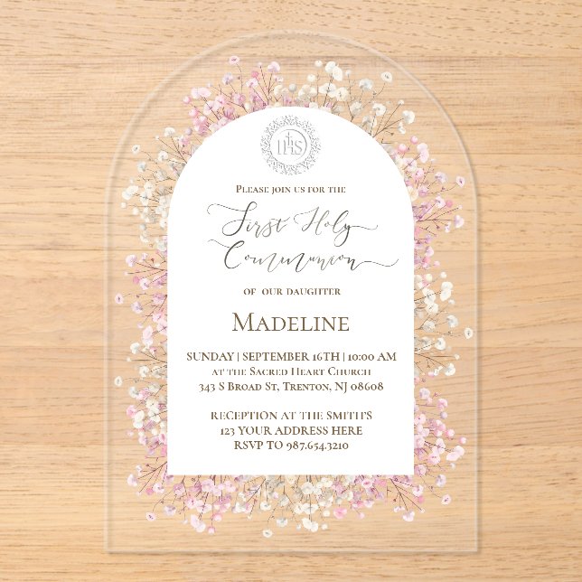 white pink flowers First Holy Communion Acrylic Invitations (Front)