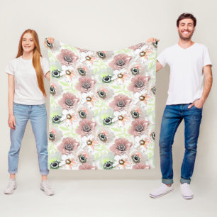 White, pink flowers.  fleece blanket