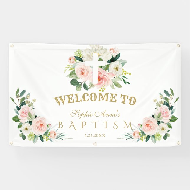 White Pink Flowers Girl Baptism Cross Welcome Sign (Horizontal)