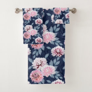  White, pink flowers on dark blue. Bath Towel Set