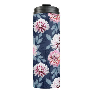  White, pink flowers on dark blue. Thermal Tumbler