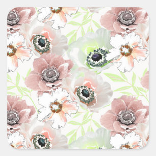 White, pink flowers. square sticker