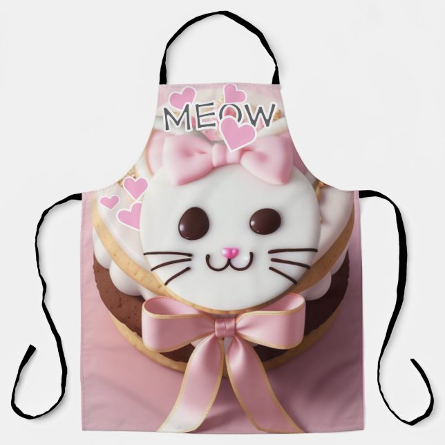 White/Pink/Frosted Kitty/Meow/All-Over Print Apron (Front)