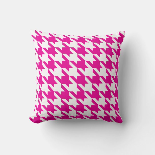White Pink Fuchsia Pied De Poule Houndstooth Throw Pillow (Front)