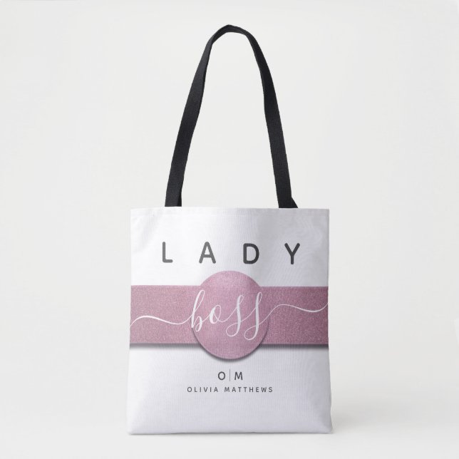 White Pink Glitter Girly Monogram Lady Boss Script Tote Bag (Front)