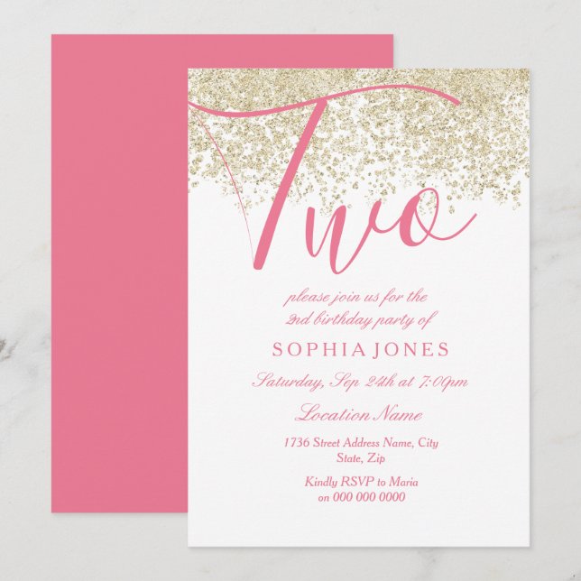 White Pink Gold Glitter 2nd birthday party Invite (Front/Back)