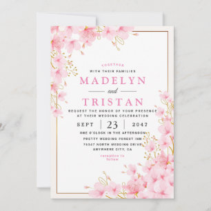 White Pink Gold Modern Floral Minimalist Wedding Invitation