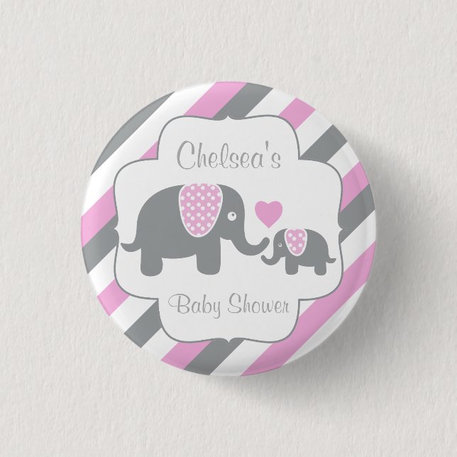 White, Pink & Grey Stripe Elephants Baby Shower 1 Inch Round Button (Front)