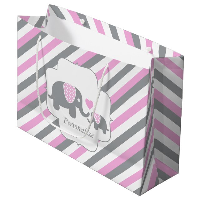 White, Pink & Grey Stripe Elephants Baby Shower Large Gift Bag (Front Angled)