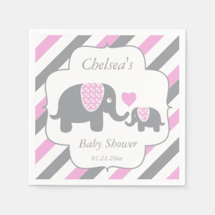 White, Pink & Grey Stripe Elephants Baby Shower Napkin