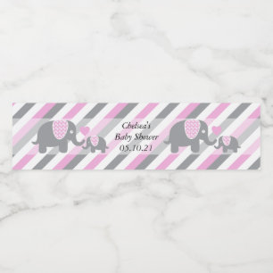 White, Pink & Grey Stripe Elephants Water Bottle Label