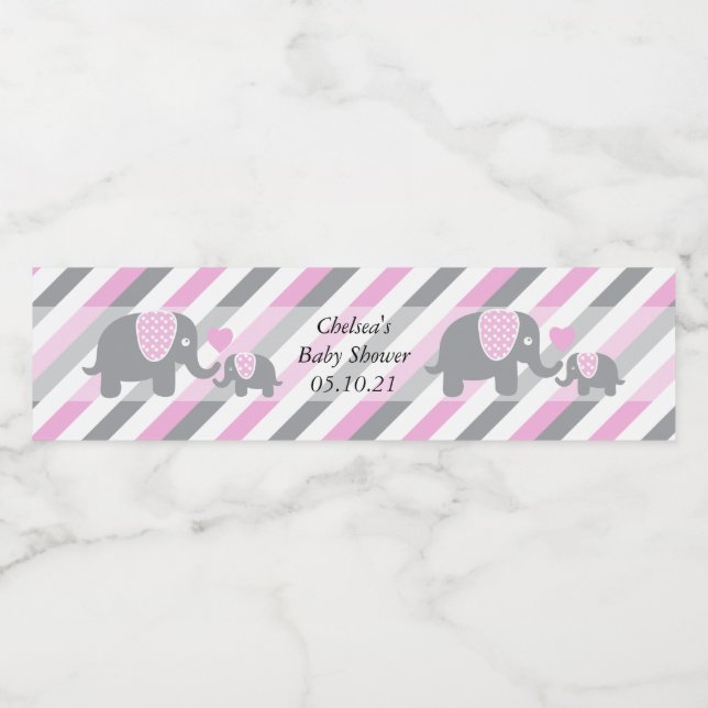 White, Pink & Grey Stripe Elephants Water Bottle Label (Single Label)